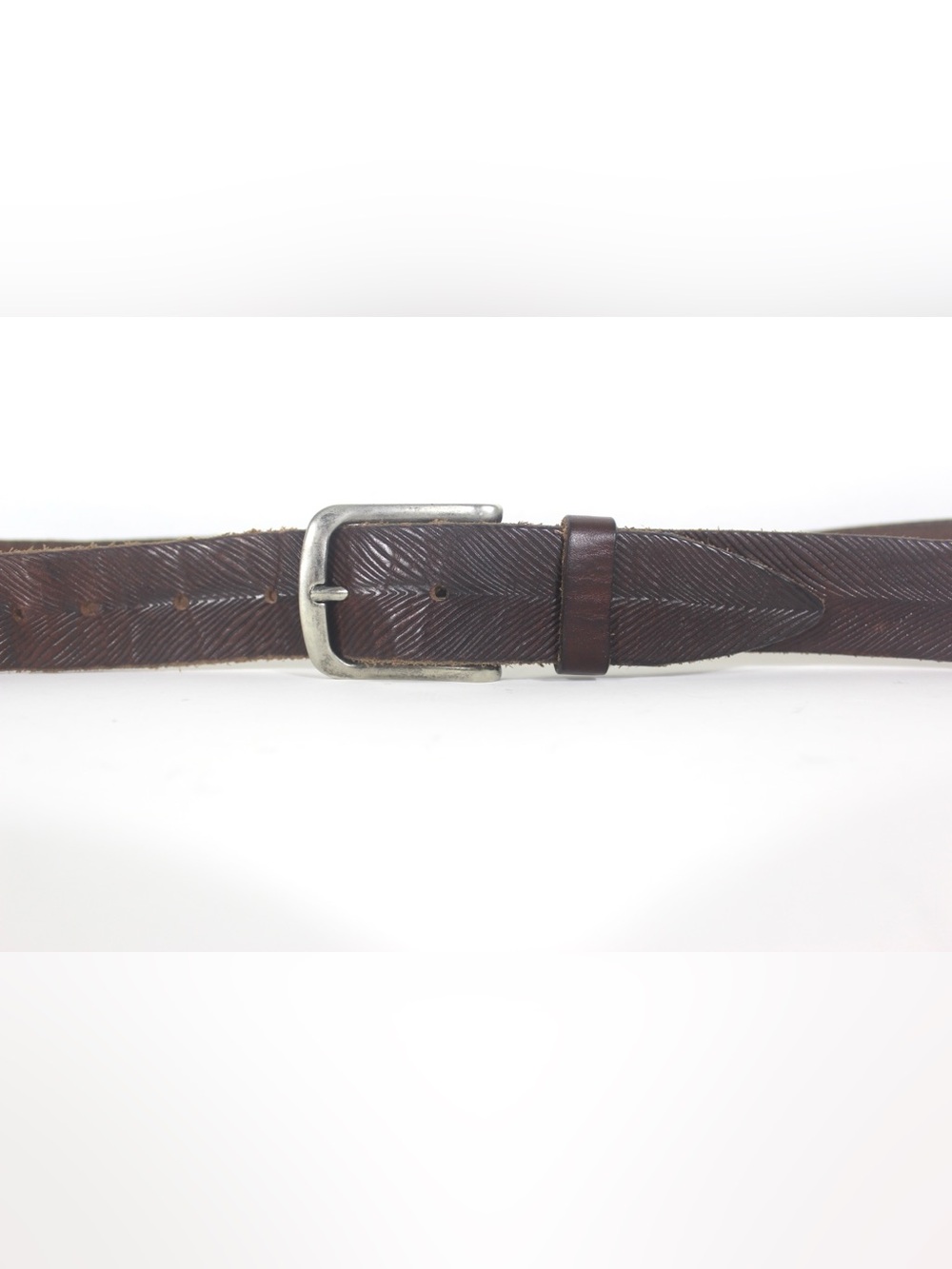 Vintage Italian Feather Textured Brown Leather Belt Silver Metal Buckle